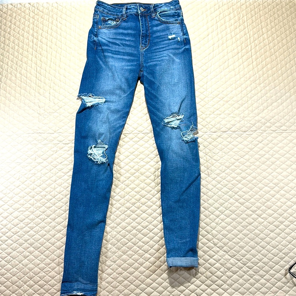 American Eagle High Rise Super Stretch Jeans Size 4L Unfinished Hem Distressed